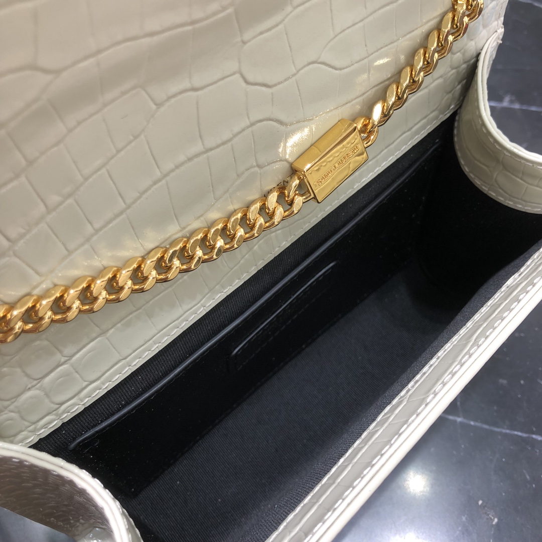 Saint Laurent Kate Tassel Small Crocodile Embossed Calfskin Shoulder Bag Handbag White 474366 Gold